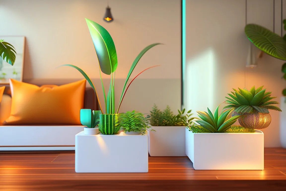 Smart planters with indoor plants in a modern living room